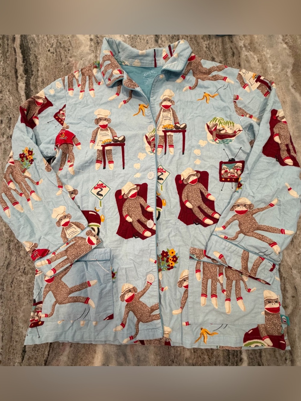 Nick And Nora Sock Monkey Adult Pajama Top 100% Cotton Size Large
